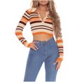 thumbnail image 1 of GA WEIHUA Clearance Deals,Womens Lapel Collar V Neck Crop Sweaters Color Block Polo Long Sleeve Shirt Slim Fit Striped Pullover Sweater Casual Comfy Ribbed Knit Tops(Orange,M), 1 of 6