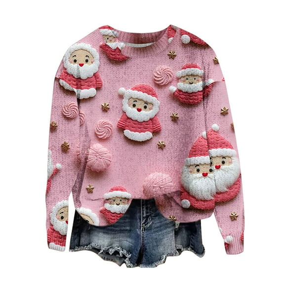 GA WEIHUA Womens Ugly Christmas Sweater 2024 Funny 3D Xmas Claus Graphic Pullovers Trendy Casual Long Sleeve Pullover Sweaters Tops(Multicolor,XXXL)