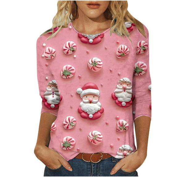 GA WEIHUA Clearance,Fall Tops For Women Merry Christmas Cute Tshirts Santa Claus Casual Printed T-Shirt Blouses Ugly Christmas Shirt women shirts cute(Gray,4X-Large)