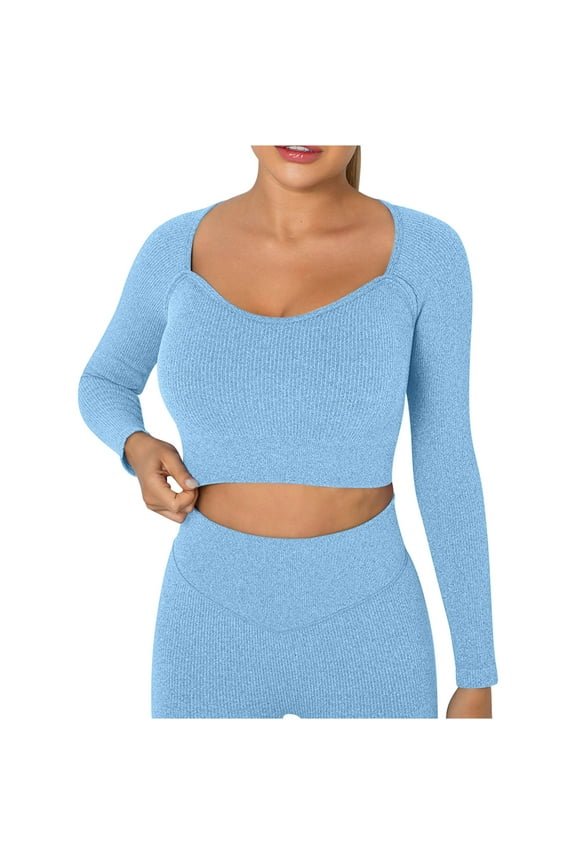 Clearance,Long Sleeve Crop Top for Women Longline Workout Yoga Tops with Built in Shelf Padded Sports Bra Slim Fit Ribbed Knit Basic Athletic Shirts(Sky Blue,M)