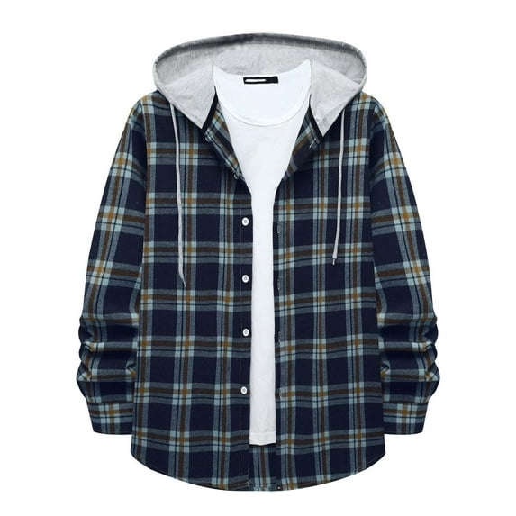 GA WEIHUA Clearance,Men's Flannel Hoodie Shirts Casual Long Sleeve Plaid Jacket Classic Fit Button Down Fall Fashion Shirt(Blue,XL)