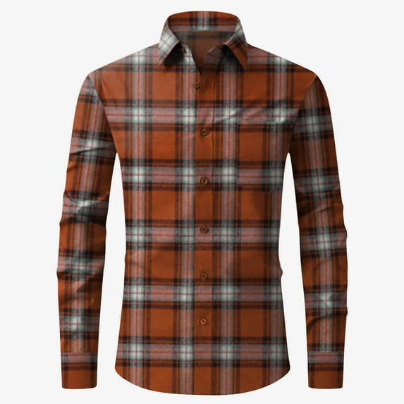 GA WEIHUA Clearance,Men's Plaid Shirts Regular Fit Long Sleeve Button Down Shirt for Men Basic Lightweight Collared Vintage Shirt Stretch Casual Buttin Up Top T Shirt(Orange,XXL)