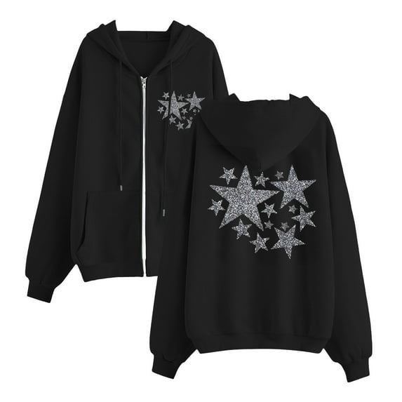 GA WEIHUA Clearance,Oversized Sweatshirt for Women Drop Shoulder Long Sleeve Fleece Pullover Trendy Full Zip Up Hoodies Casual Printed Pullover Top(Black,Large)