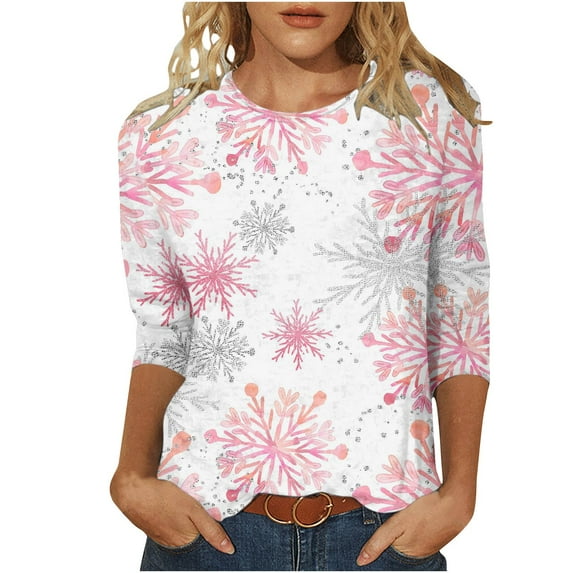 GA WEIHUA Clearance Sale,Christmas Shirts For Women 3/4 Sleeve Crewneck Basic Tees Cute Snowflake Graphic Blouses Tops Casual Shirts womens tops(Pink,XX-Large)