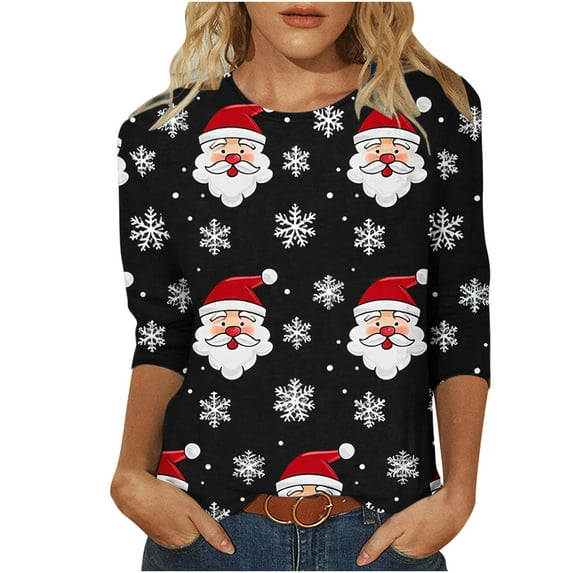 GA WEIHUA Clearance Sale,Fall Tops For Women Merry Christmas Cute Tshirts Santa Claus Casual Printed T-Shirt Blouses Ugly Christmas Shirt women shirts basic(Gray,5X-Large)