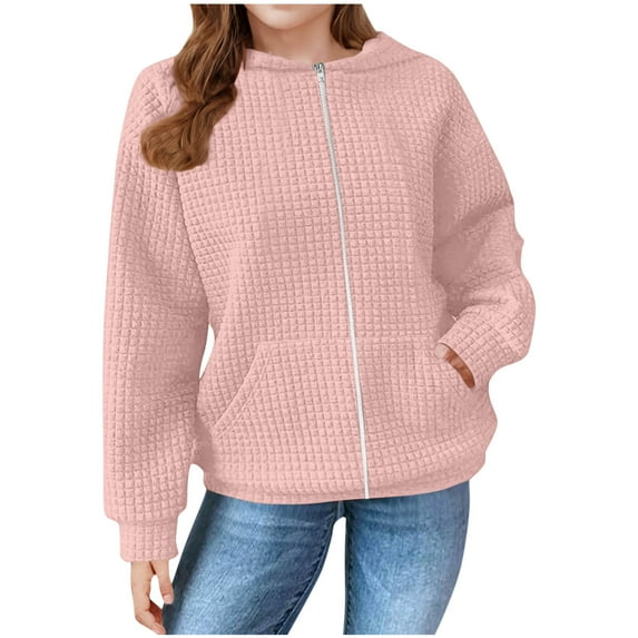 GA WEIHUA Clearance Sale,Girls Zip Up Waffle Hoodies Casual Loose Long Sleeve Sweatshirt Comfortable Lightweight Jacket Hooded Kids Child Full Zipper Coat with Pockets(Pink,5 Years)