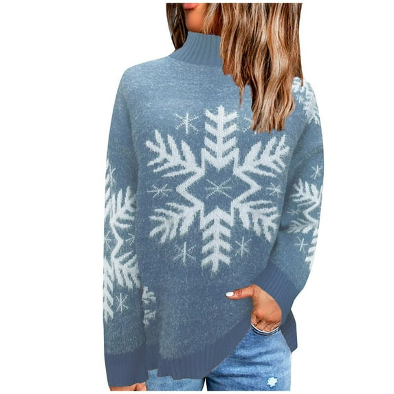 GA WEIHUA Clearance Sale,Women's Ugly Christmas Sweaters Snowflake Long Sleeve Holiday Sweater Knit Xmas Mock Neck Pullover Casual Tunic Tops(Blue,M)