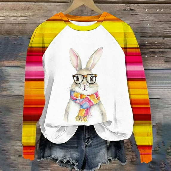 GA WEIHUA Clearance SaleColorful Easter Sweatshirt Women Cute Bunny Printed Shirts Color Block Crewneck Long Sleeve Pullover Tops Bunny Easter Fit Casual Sweatshirts(Purple,S)