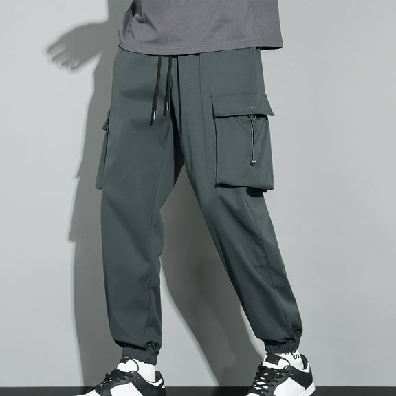 GA WEIHUA Clearance Sales,Men's Streetwear Cargo Pants with Flap Pockets Drawstring Elastic Waist Pant Casual Active Sports Tapered Sweatpants for Men(Dark Gray,XXXL)