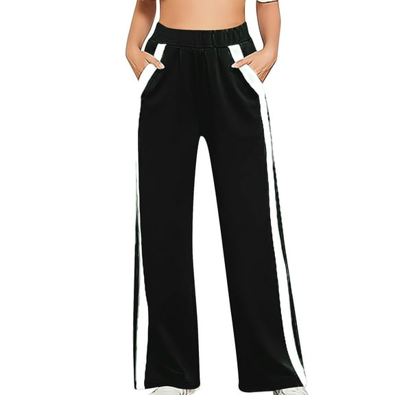 GA WEIHUA Clearance Sales,Wide Leg Yoga Pants for Women Striped High Waist Drawstring Pant Trouser Casual Comfy Sweatpants Lounge Joggers(Black,XX-Large)