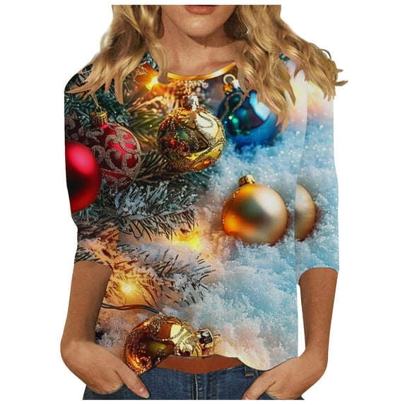 GA WEIHUA Clearance Sales,Women's 3/4 Sleeve Raglan Printed T Shirt Funny Christmas Tunic Tops Blouse Merry Christmas Glitter Graphic Tees(Red,X-Large)