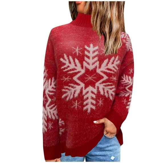 GA WEIHUA Clearance Sales,Women's Ugly Christmas Sweaters Snowflake Long Sleeve Holiday Sweater Knit Xmas Mock Neck Pullover Casual Tunic Tops(Red,XL)
