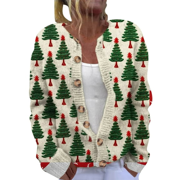 GA WEIHUA Clearance Sales,Womens Open Front Button Down Sweater Cardigans Ugly Funny Xmas Tree Print Sweaters Long Sleeve Knit Cardigan Jackets(Multicolor,S)