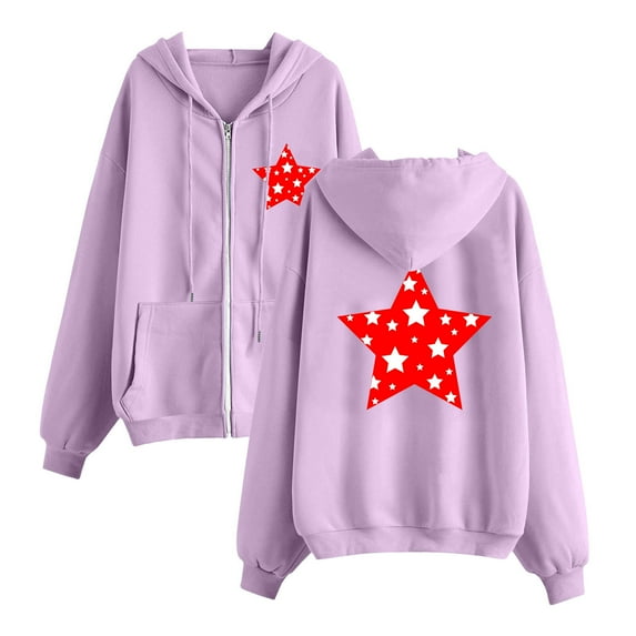 GA WEIHUA Clearance,Star Graphic Sweatshirts Women 2024 Zipper Fashion Pullover Hooded Lightweight Long Sleeve Fleece Sweatshirt with Pockets(Purple,XX-Large)