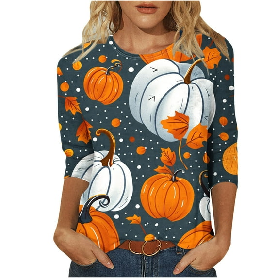 GA WEIHUA Clearance,Tunics Tops for Women 3/4 Sleeve Crew Neck Shirts Tee Blouses Pumpkin Graphic Halloween T-Shirts Casual Fall Tops(Yellow,Medium)