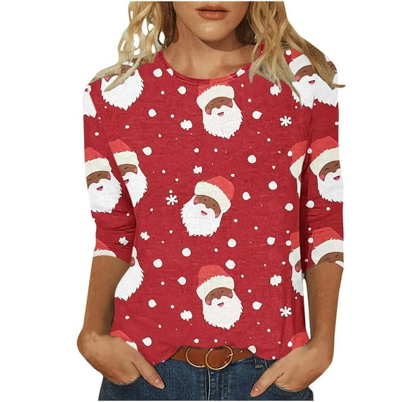 GA WEIHUA Clearance,Womens Tops Casual 3/4 Sleeve Shirts Crew Neck Loose Casual Blouses Vintage Christmas Graphic Print Tshirts(Watermelon Red,Medium)