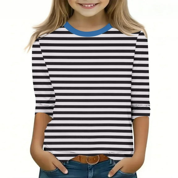 GA WEIHUA Cute Striped Shirt for Girls Stretch 3/4 Sleeve Tops Kids and Toddler Basic Crewneck Tops Blouses 2025 Summer Loose Trendy Preppy Tshirts(Black,4 Years)