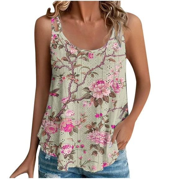GA WEIHUA Cute Women Tank Tops Spaghetti Strap Camisoles 2025 Trendy Floral Print Camis Casual Going Out Shirts Sexy Loose Fit Eyelet Embroidery Tee Blouses for Ladies(Pink,S)