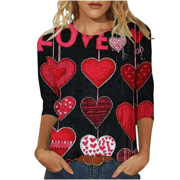 GA WEIHUA 3/4 Sleeve Shirts for Women Cute Crewneck Heart Print Tops Women's Valentines Day Shirt Graphic Tee Plus Size Tunic Tops Soft Comfy Blouses(Black,XXL)