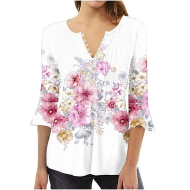 GA WEIHUA Deals Boho Printed Tops for Women Fashion V Neck Pleated Front Blouses Summer 3/4 Bell Sleeve Shirts Tunic Button T Shirts,White,M