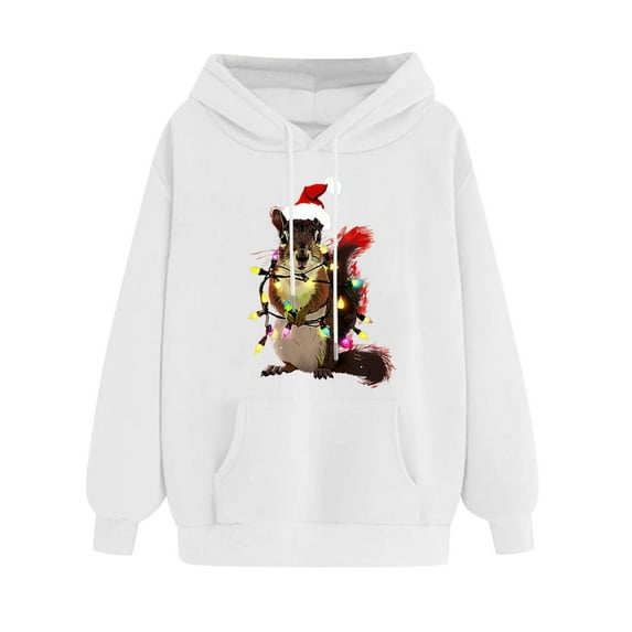 GA WEIHUA Deals,Christmas Squirrel Hoodie for Women Loose Fit Casual Fleece Sweatshirt Xmas Hat Gift Sweater Long Sleeve Novelty Ugly Oversized Pullover(White,XL)