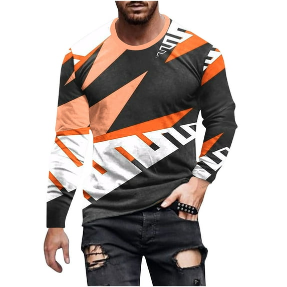 GA WEIHUA Deals,Long Sleeve Tops Men 3D Printing Casual Funny T Shirts Color Block Round Neck Shirt Graphic Abstract Fashion Tees Sports Athletic Tee Blouse Streetwear(Orange,M)