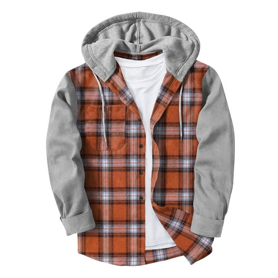 GA WEIHUA Deals,Men's Plaid Hooded Shirts Flannel Roll Up Long Sleeve Shirt Jackets Causal Button Down Lightweight Jacket Coat Fall Basic Drawstring Blouse(Orange,M)
