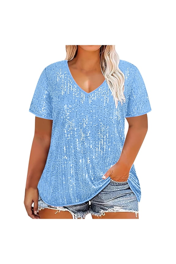 Plus Size Sequin Tops for Women Short Sleeve Glitter Shirts V-Neck Party Sparkly Tunics 2025 Fashion Concert Party Disco Shirt Blouse(Red,XL)