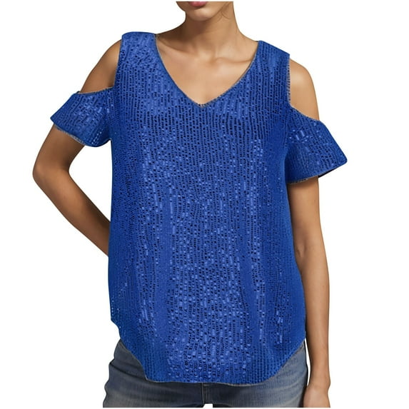 GA WEIHUA Sequin Tops Women Sparkly Shirt Cold Shoulder V Neck T Shirts Glitter Short Sleeve Dressy Party Blouse Shirts Loose Evening Club Outfits(Blue,XL)