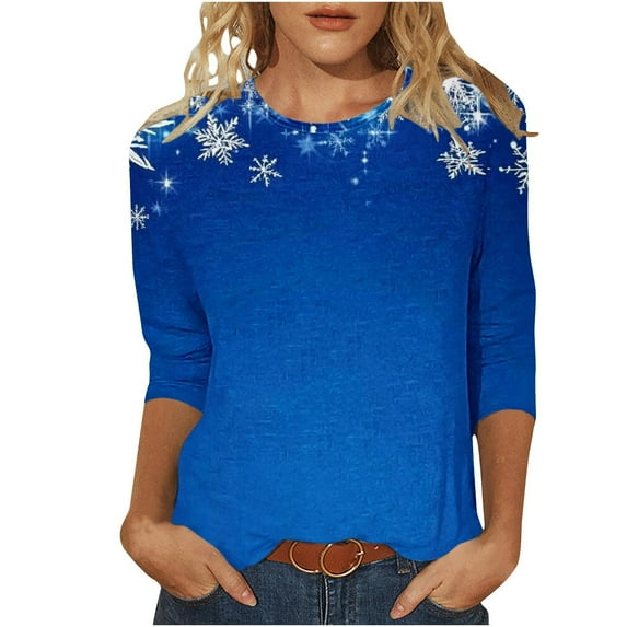 GA WEIHUA Deals,Women's 2024 Fashion Tops 3/4 Sleeve T-Shirts Vintage Christmas Graphic Crewneck Basic Holiday Tees Blouses(Blue,Small)