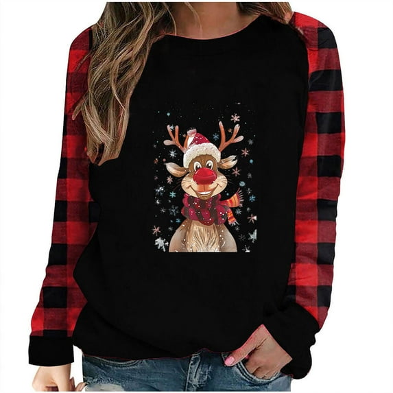 GA WEIHUA Deals,Women's Casual Long Sleeve Vintage Christmas Graphic Tops Crewneck Sweatshirts Cute xmas Loose Fit Pullover(Red,Small)