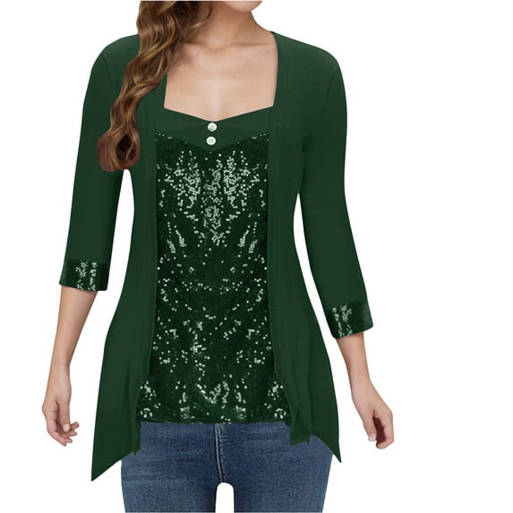 GA WEIHUA Deals,Women's Red Wine Glasses Tunic Tops Sparkle Sequin Glitter Shirts Faux Fur V Neck Soft Christmas Stretch Flowy Blouses(Green,M)