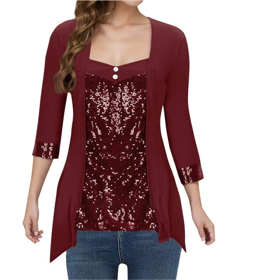 GA WEIHUA Women's Red Wine Glasses Tunic Tops Sparkle Sequin Glitter Shirts Faux Fur V Neck Soft Christmas Stretch Flowy Blouses(Red,XXXL)