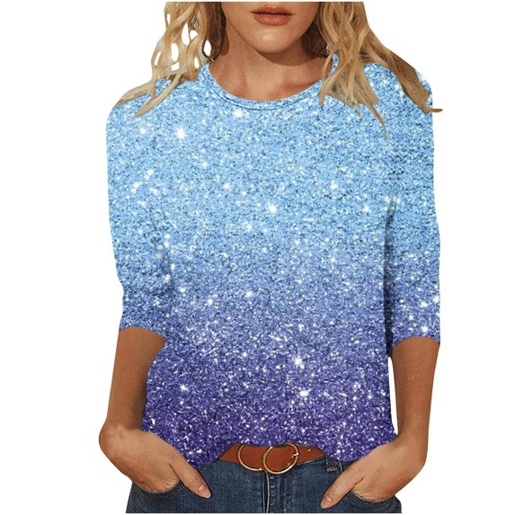 GA WEIHUA Deals,Womens Tops Summer Casual 3/4 Length Sleeve Shirts Gradient Glitter Print Tunics Trendy Crewneck Tees Loose Three Quarter Cute T Shirt Shirts(Multicolor,Blouses S)