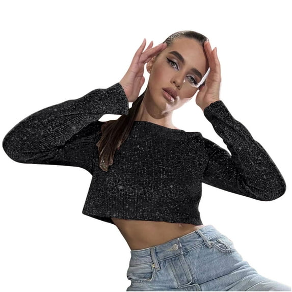 GA WEIHUA Deals,Y2K Crop Sequin Tops Women Sparkle Glitter Long Sleeve Shirts Cropped Round Neck Sparkly Top for Party Club Evening(White,M)