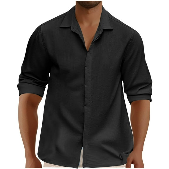 GA WEIHUA Fall Clearance,Cotton Linen Shirts for Men Long Sleeve Wrinkle Free Tops Casual Button Down Shirt Stretch Dress T-Shirt Casual Solid Color Tees(Black,XXL)