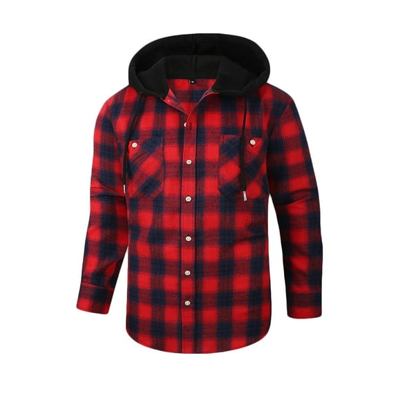 GA WEIHUA Fall Clearance,Mens Flannel Hoodie Shirts Casual Plaid Jacket Regular Fit Long Sleeve Button Down Flannel Shirt for Men Drawstring Pocket Hooded Coat(Red,XXXL)