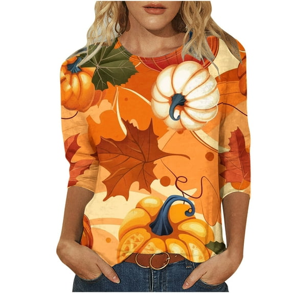 GA WEIHUA Fall Clearance,Tunics Tops for Women 3/4 Sleeve Crew Neck Shirts Tee Blouses Pumpkin Graphic Halloween T-Shirts Casual Fall Tops(Yellow,X-Large)