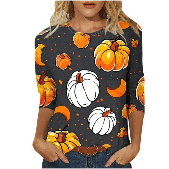 GA WEIHUA Fall Deals,Tunics Tops for Women 3/4 Sleeve Crew Neck Shirts Tee Blouses Pumpkin Graphic Halloween T-Shirts Casual Fall Tops(Yellow,Large)