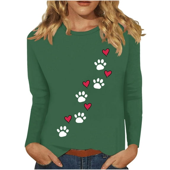 GA WEIHUA Flash Deals,2025 Valentine's Day Blouses Women Mom Dog Paw Printed Long Sleeve Tops Casual Comfy Crewneck T Shirts Valentines Pet Lover T-Shirt(Green,M)