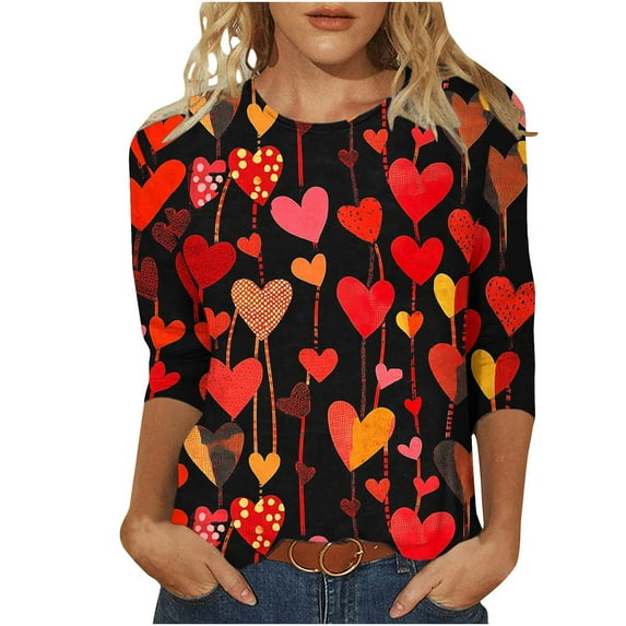 GA WEIHUA Flash Deals,Valentine's Day T Shirts for Women Cute Heart Print Graphic Tees Dressy 3/4 Sleeve Top Cute Round Neck Shirt for Women Lover Gift Tunic Tops(Wine,L)