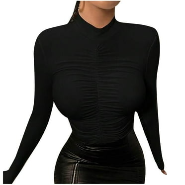 GA WEIHUA Flash Deals,Women's Mock Neck Tops Pleated Front Shirts Fitted Slim Long Sleeve Shirt Dressy Casual Blouses Basic Tight Solid Color Tee Top(Black,S)