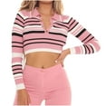 thumbnail image 1 of GA WEIHUA Flash Deals,Womens Lapel Collar V Neck Crop Sweaters Color Block Polo Long Sleeve Shirt Slim Fit Striped Pullover Sweater Casual Comfy Ribbed Knit Tops(Pink,L), 1 of 6