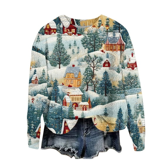 GA WEIHUA Flash Deals,Womens Round Neck Christmas Sweaters Cute Xmas Tree Ugly 3D Graphic Print Sweater Oversized Long Sleeve Pullover Tops(Multicolor,XL)