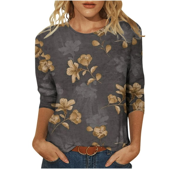 GA WEIHUA Floral Print Tees for Women Casual 3/4 Sleeve T-Shirt Comfort Soft Touch Lounge Tops Summer Clothing(Brown,S)Reduced