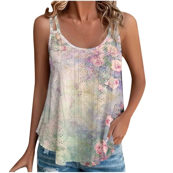 GA WEIHUA Flowy Tank Tops for Women Rose Print Cute Caomisole for Ladies Summer Going Out Tshirts Spaghetti Strap Eyelet Embroidery Vest Loose Fit Sleeveless Camis(Green,XXXL)