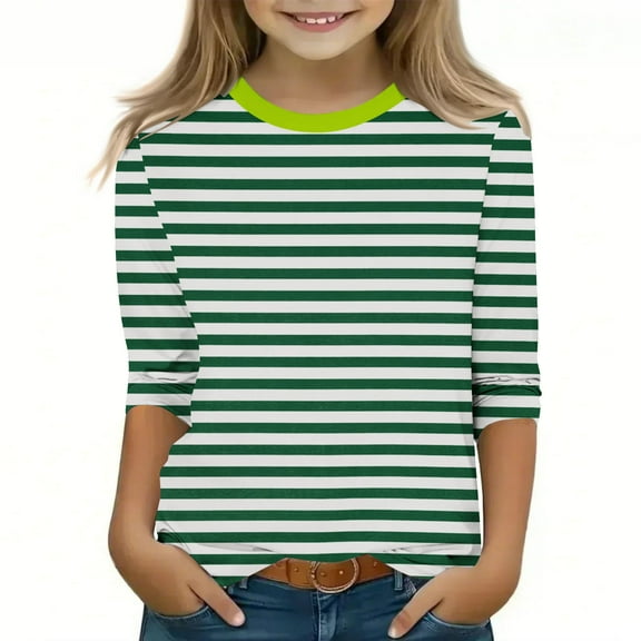 GA WEIHUA Girl's Color Block 3/4 Sleeve Tops Crew Neck Striped Casua Tunic Blouse Fashion Three Quarter Length Sleeve Tops Loose Fit Cute Tees(Green,5 Years)