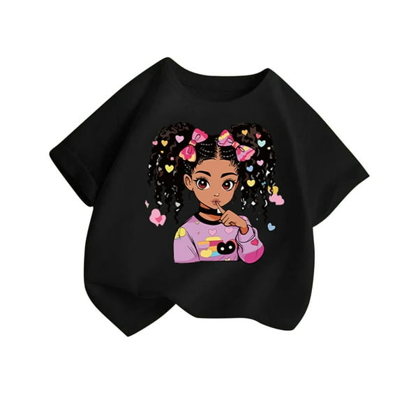 GA WEIHUA Girls Cute Graphic Tops Toddler Short Sleeve T Shirts Casual Loose Fit Crewneck Tees Funny Printed Summer Shirts(Black,4 Years)Saving