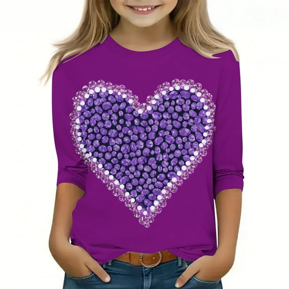 GA WEIHUA Girls and Toddler Tops 3D Gemstone Heart Printed Shirts Funny Graphic Crewneck Tees Shirt Comfy Loose Casual T Shirts 3/4 Sleeve Tunic Top(Multicolor,4 Years)
