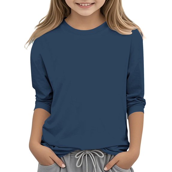 GA WEIHUA Girls Tops 3/4 Sleeve Shirts Cute Solid Three Quarter Length Tunic Tees Toddler Kids Casual Loose Fit Crewneck T Shirts Blouses(Navy,5 Years)